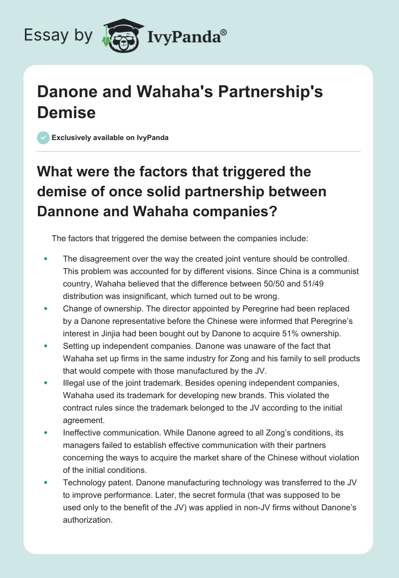 Danone and Wahaha's Partnership's Demise. Page 1