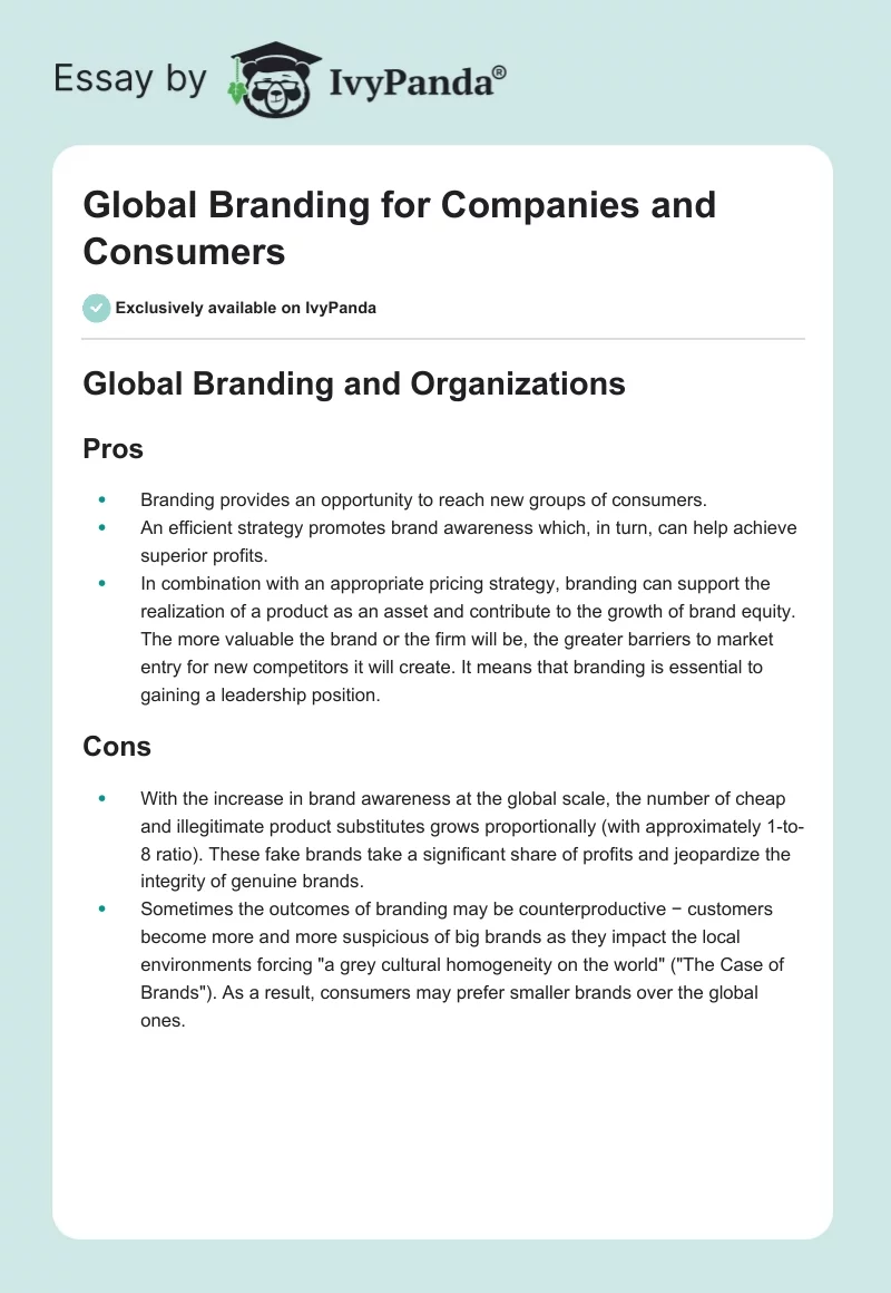 Global Branding for Companies and Consumers. Page 1