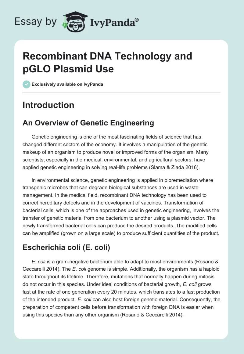 Recombinant DNA Technology and pGLO Plasmid Use. Page 1