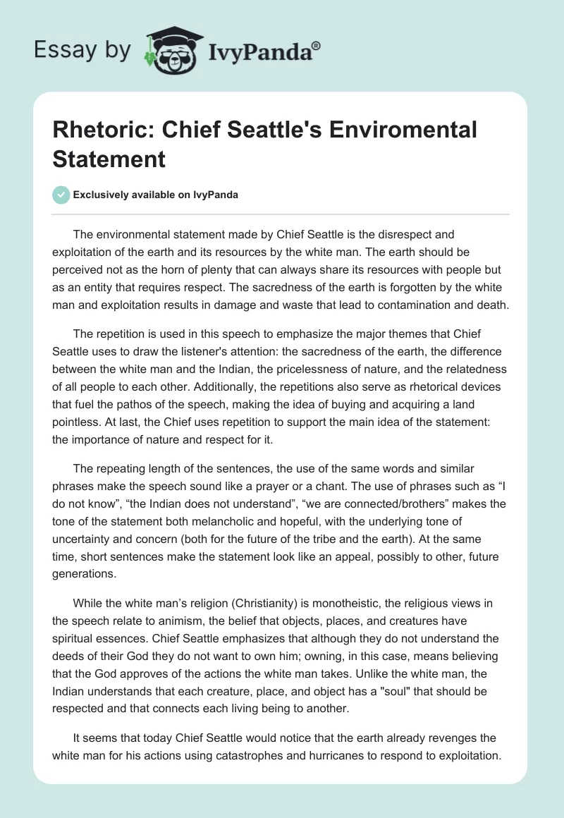Rhetoric: Chief Seattle's Enviromental Statement. Page 1
