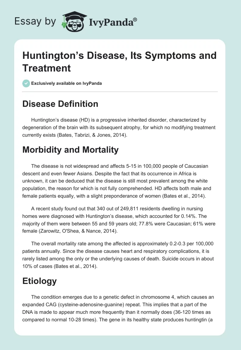Huntington’s Disease, Its Symptoms and Treatment. Page 1