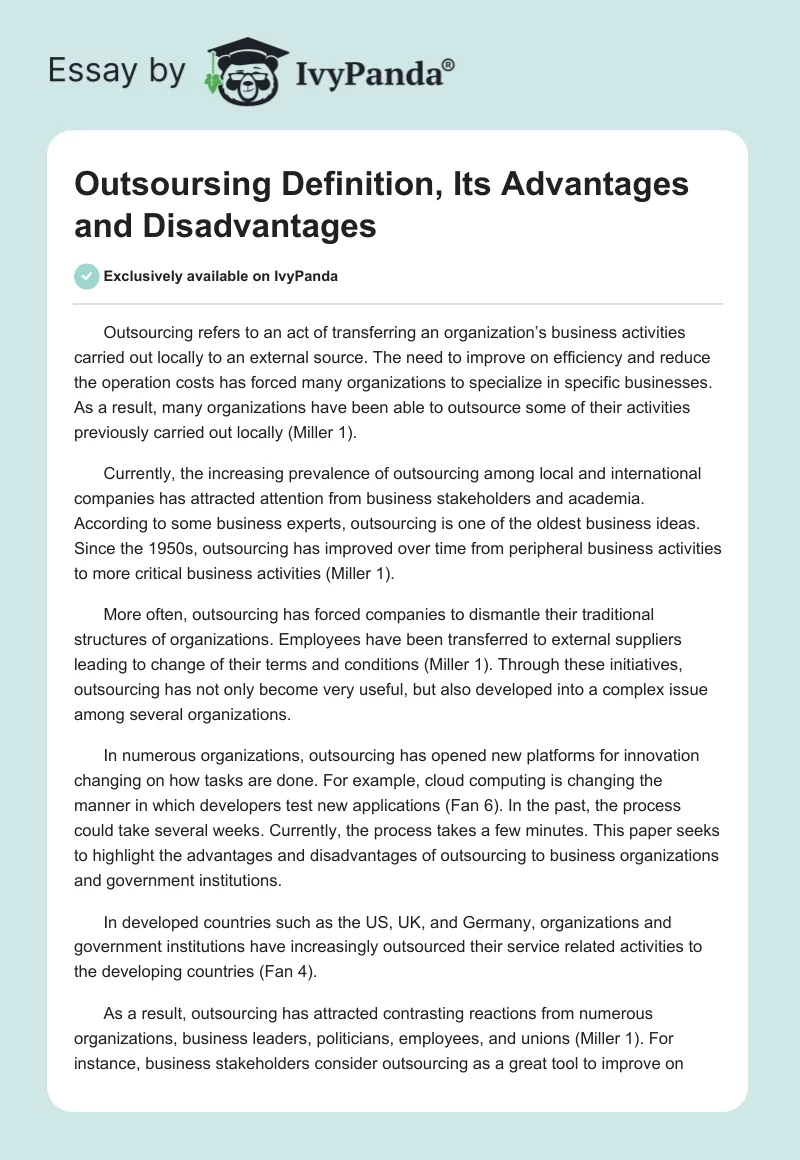 Outsoursing Definition, Its Advantages and Disadvantages. Page 1
