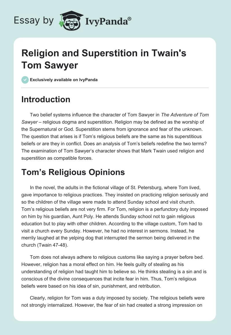Religion and Superstition in Twain's "Tom Sawyer". Page 1
