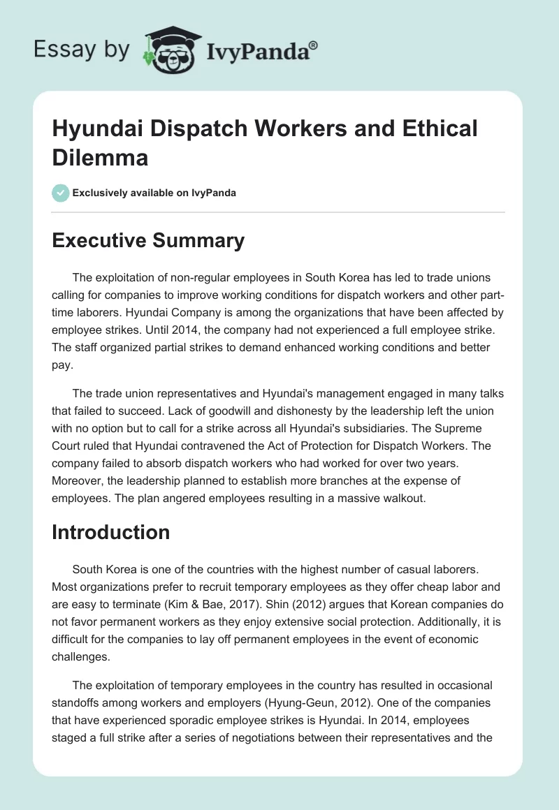 Hyundai Dispatch Workers and Ethical Dilemma. Page 1