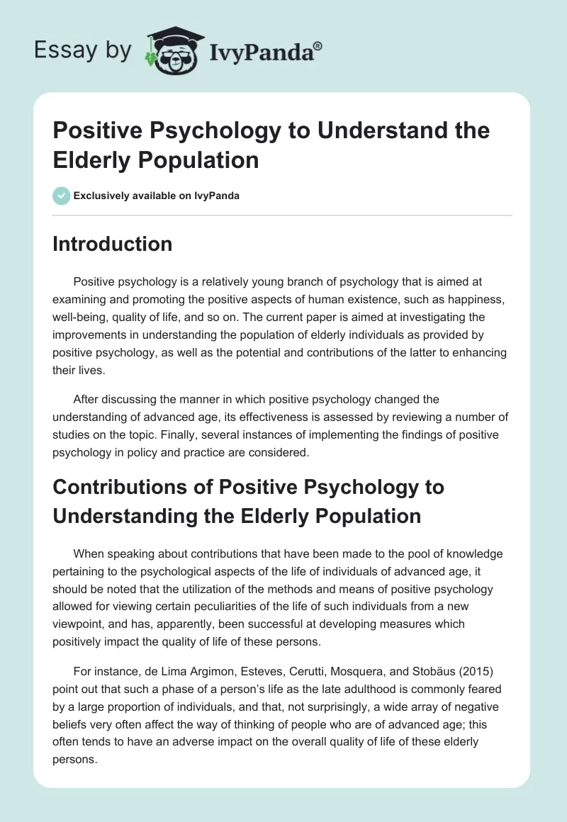Positive Psychology to Understand the Elderly Population. Page 1