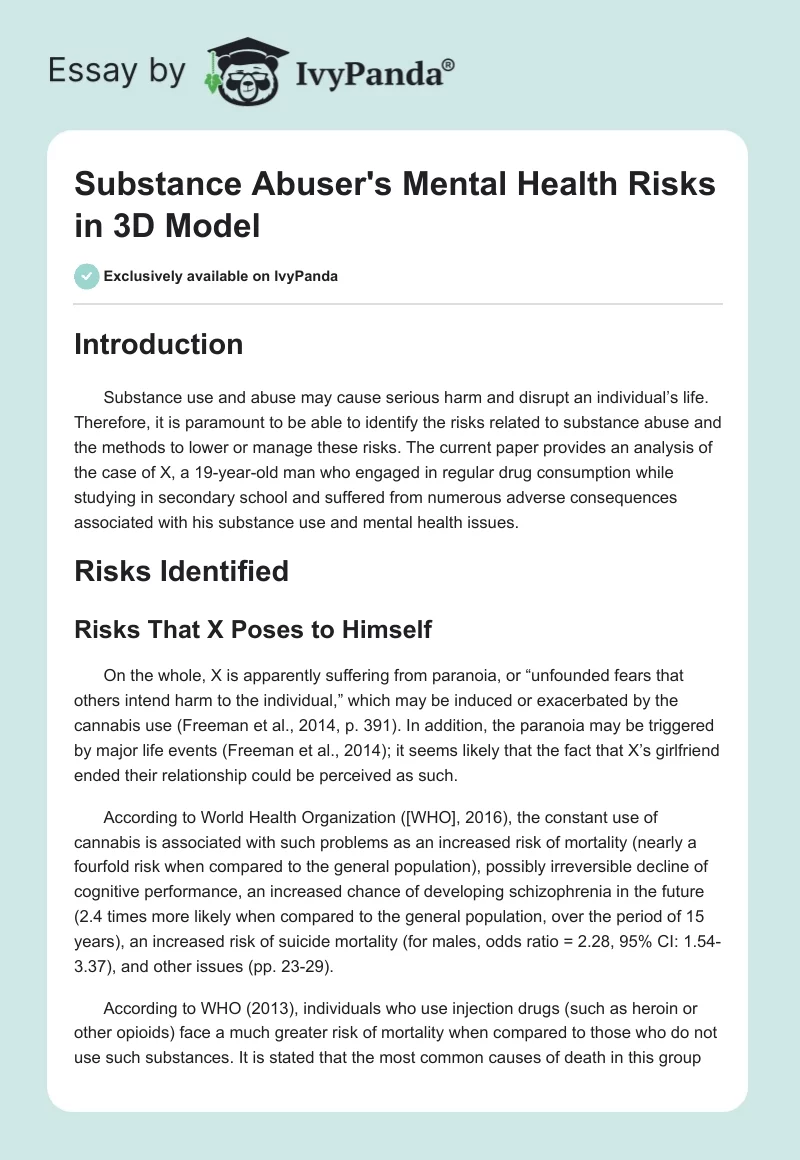 Substance Abuser's Mental Health Risks in 3D Model. Page 1