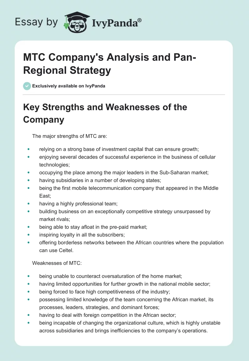 MTC Company's Analysis and Pan-Regional Strategy. Page 1