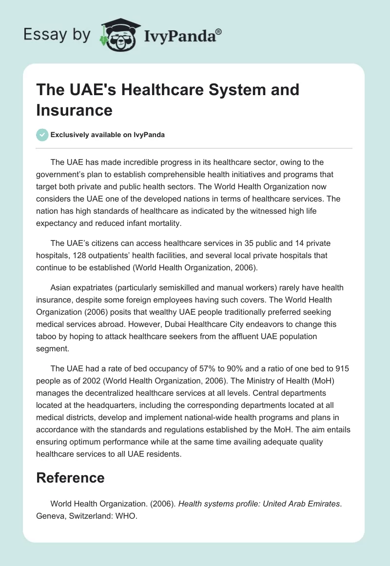 The UAE's Healthcare System and Insurance. Page 1
