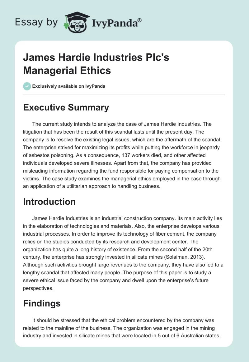 James Hardie Industries Plc's Managerial Ethics. Page 1