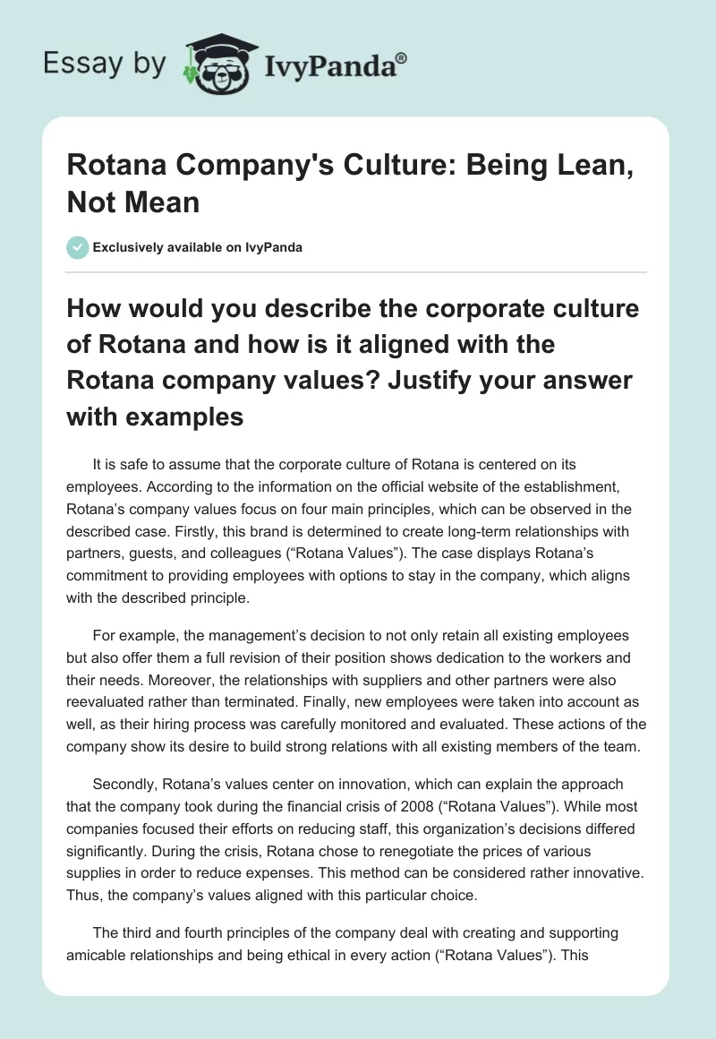 Rotana Company's Culture: Being Lean, Not Mean. Page 1