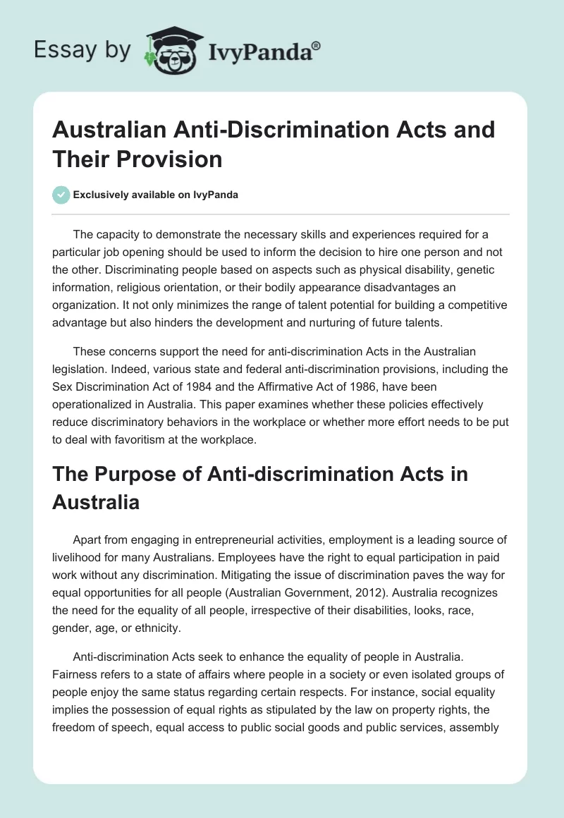 Australian Anti-Discrimination Acts and Their Provision. Page 1