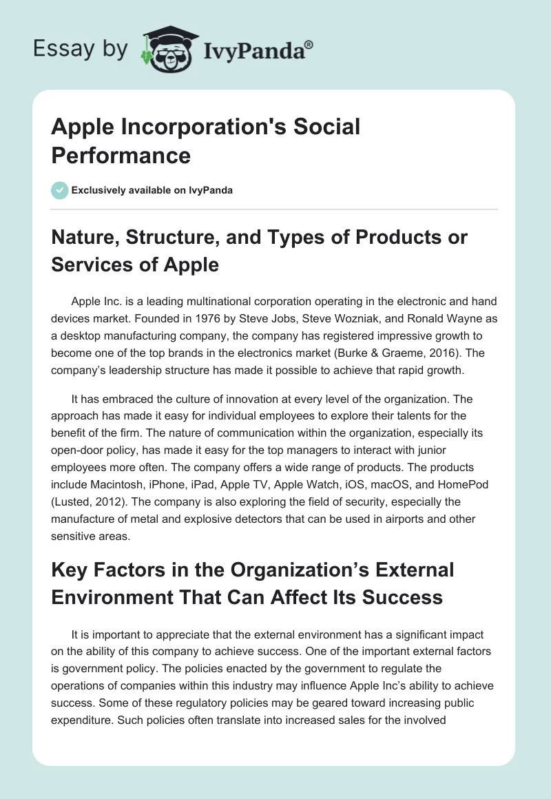 Apple Incorporation's Social Performance. Page 1