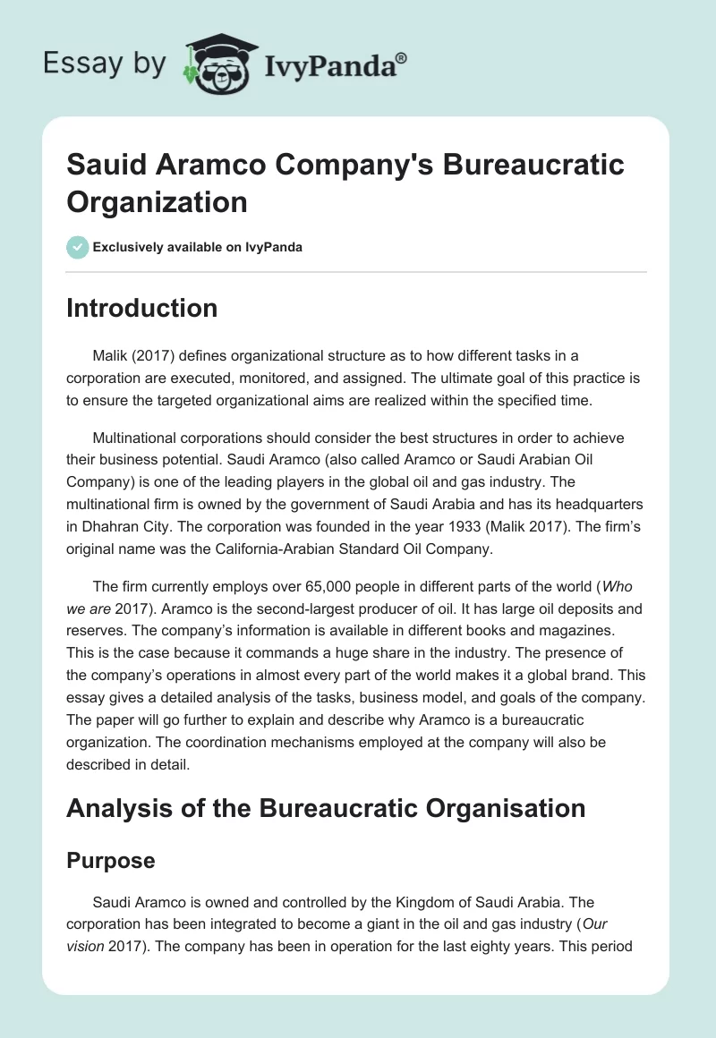 Sauid Aramco Company's Bureaucratic Organization. Page 1