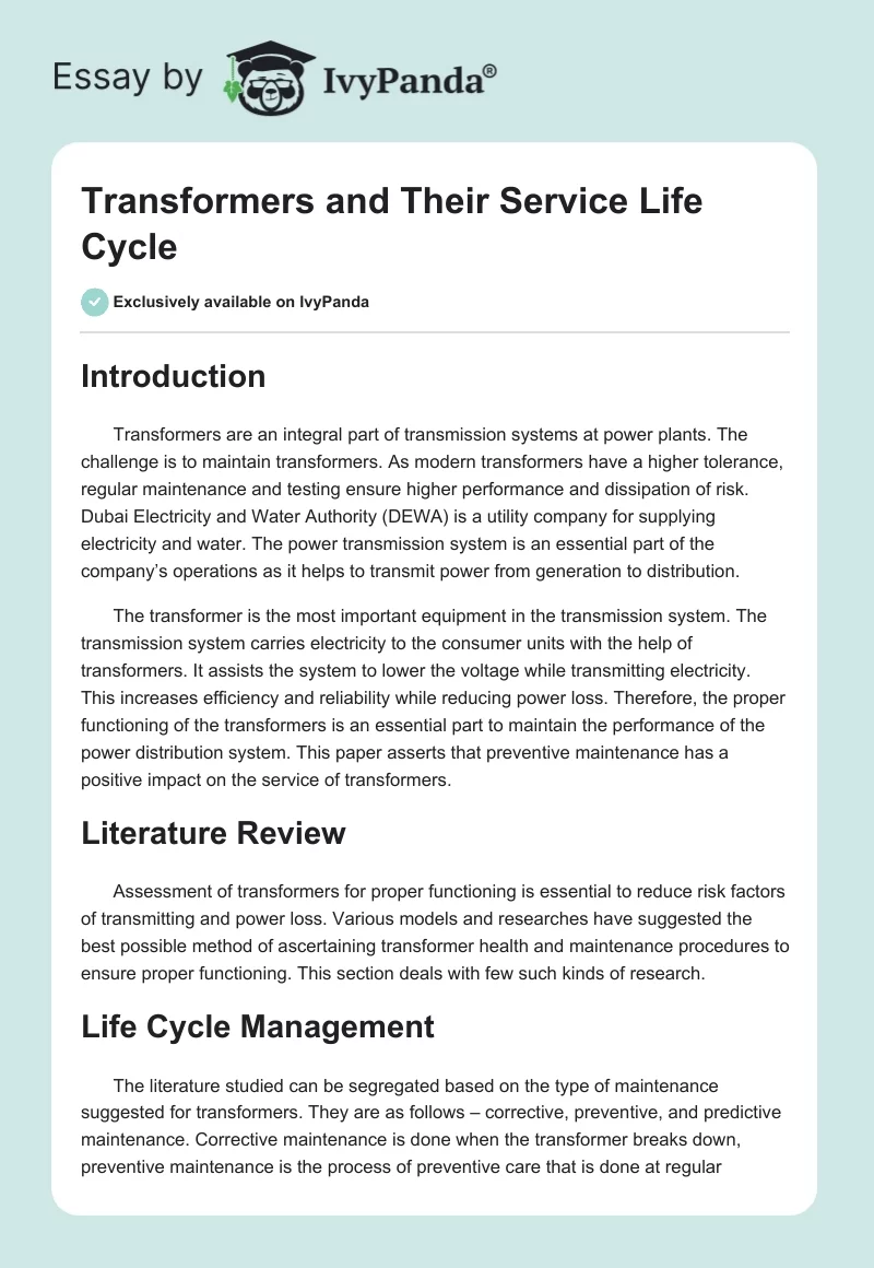 Transformers and Their Service Life Cycle. Page 1