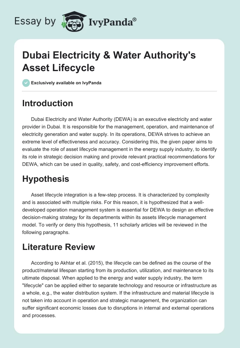 Dubai Electricity & Water Authority's Asset Lifecycle. Page 1