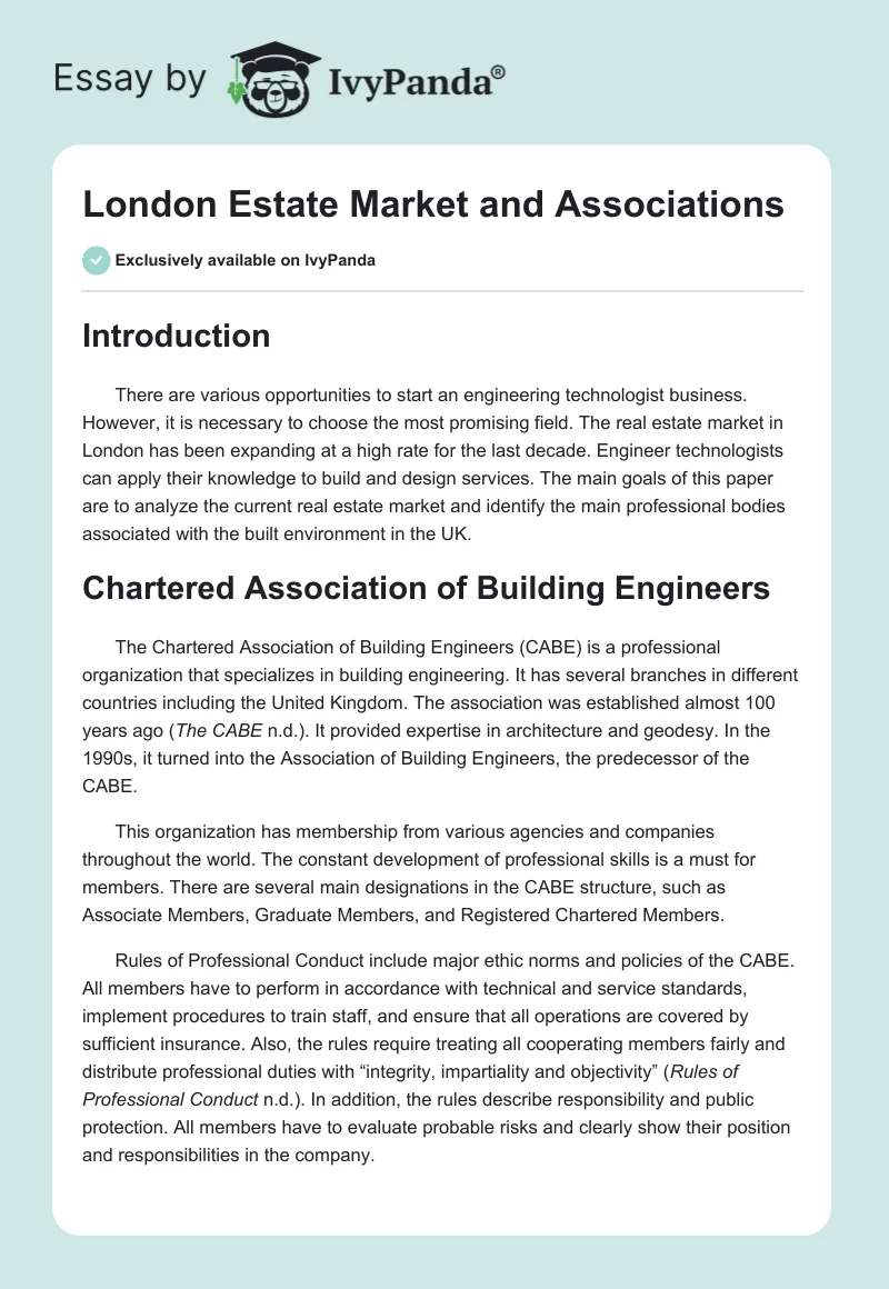 London Estate Market and Associations. Page 1
