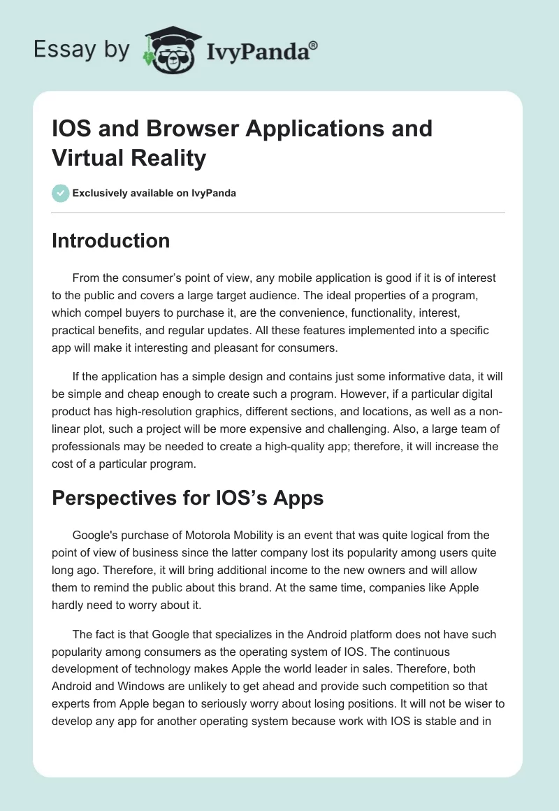 IOS and Browser Applications and Virtual Reality. Page 1