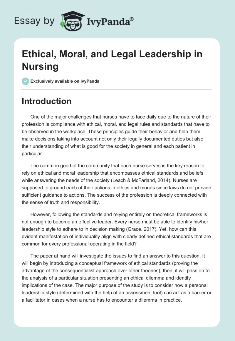 Ethical, Moral, and Legal Leadership in Nursing. Page 1