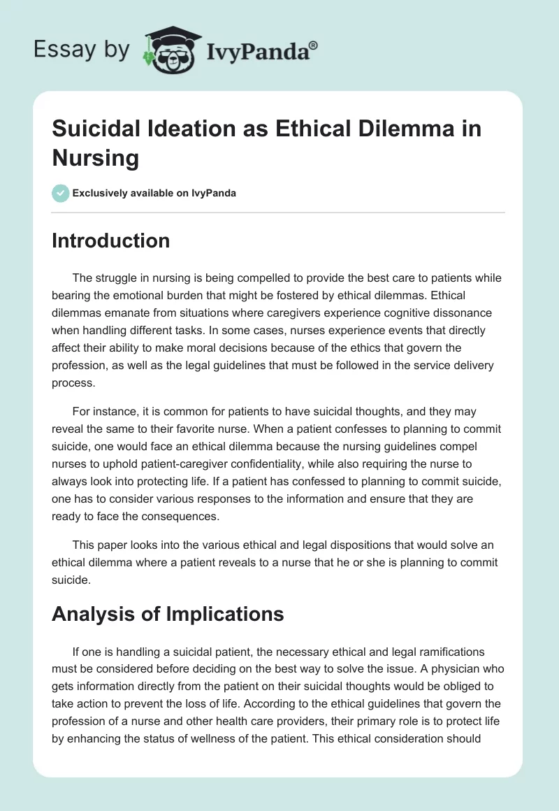 Suicidal Ideation as Ethical Dilemma in Nursing. Page 1