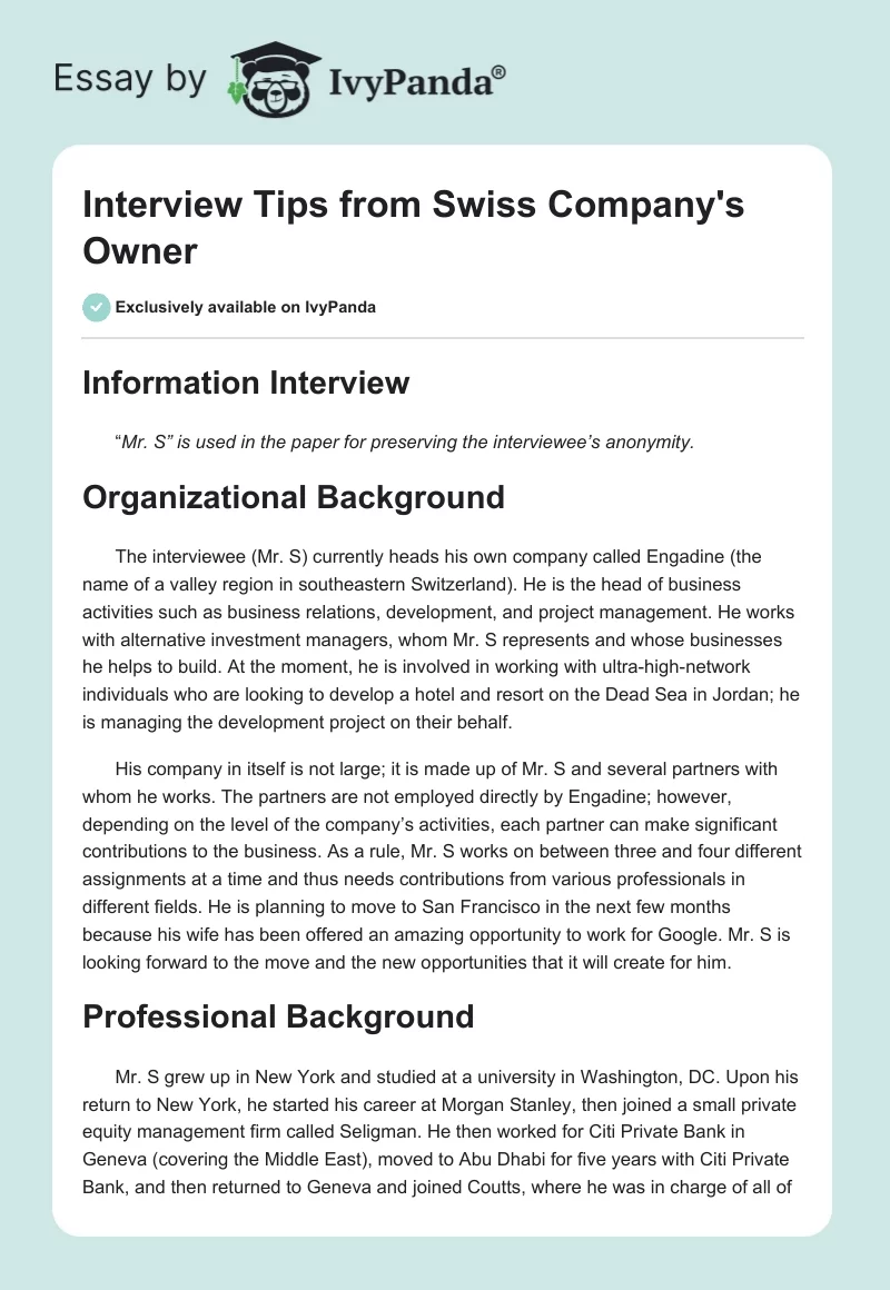 Interview Tips from Swiss Company's Owner. Page 1