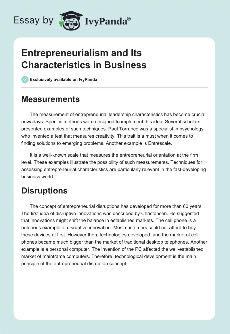 Entrepreneurialism and Its Characteristics in Business. Page 1