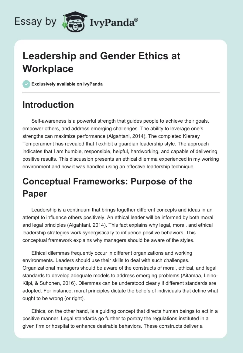 Leadership and Gender Ethics at Workplace. Page 1