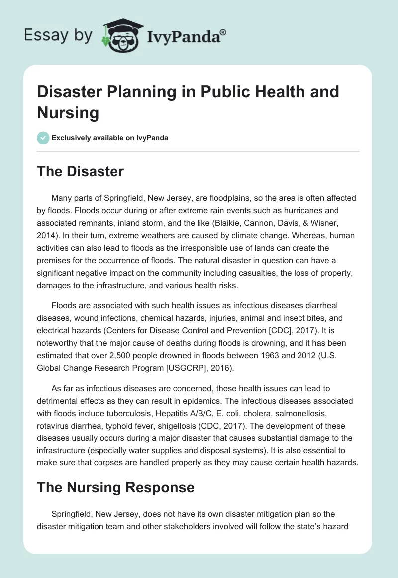 Disaster Planning in Public Health and Nursing. Page 1