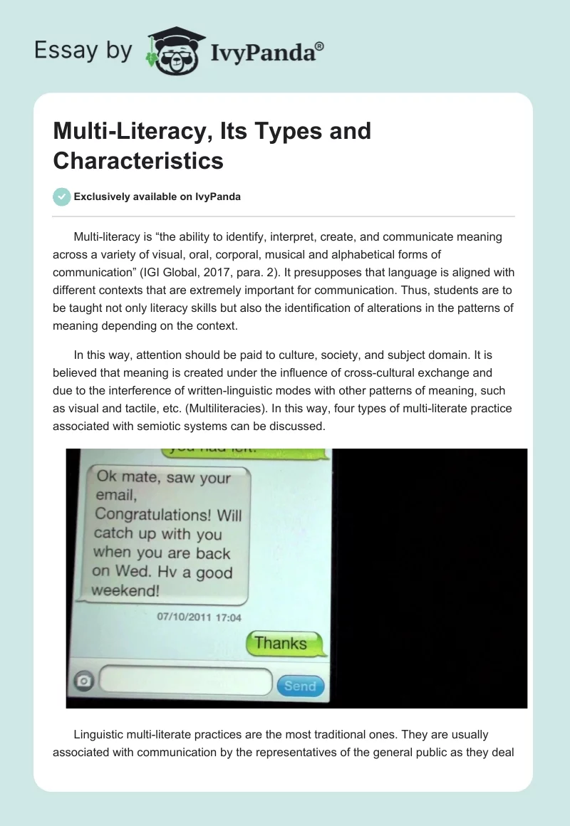 Multi-Literacy, Its Types and Characteristics. Page 1