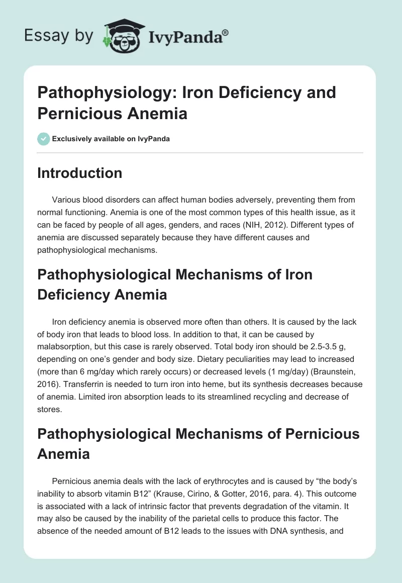 Pathophysiology: Iron Deficiency and Pernicious Anemia. Page 1