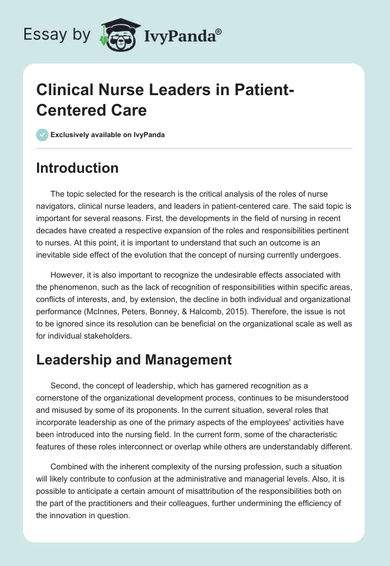 Clinical Nurse Leaders in Patient-Centered Care. Page 1
