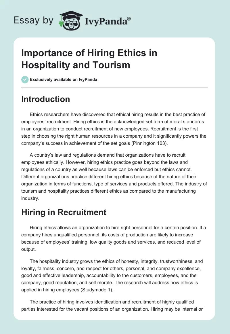 Importance of Hiring Ethics in Hospitality and Tourism. Page 1