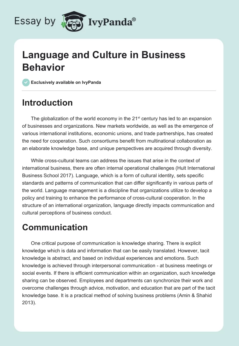 Language and Culture in Business Behavior. Page 1