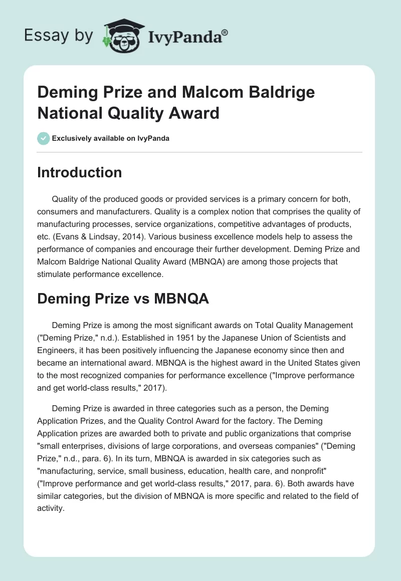 Deming Prize and Malcom Baldrige National Quality Award. Page 1