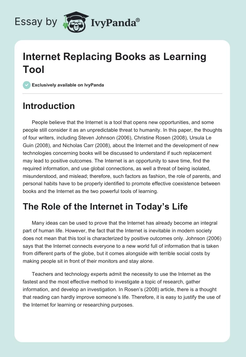 Internet Replacing Books as Learning Tool. Page 1