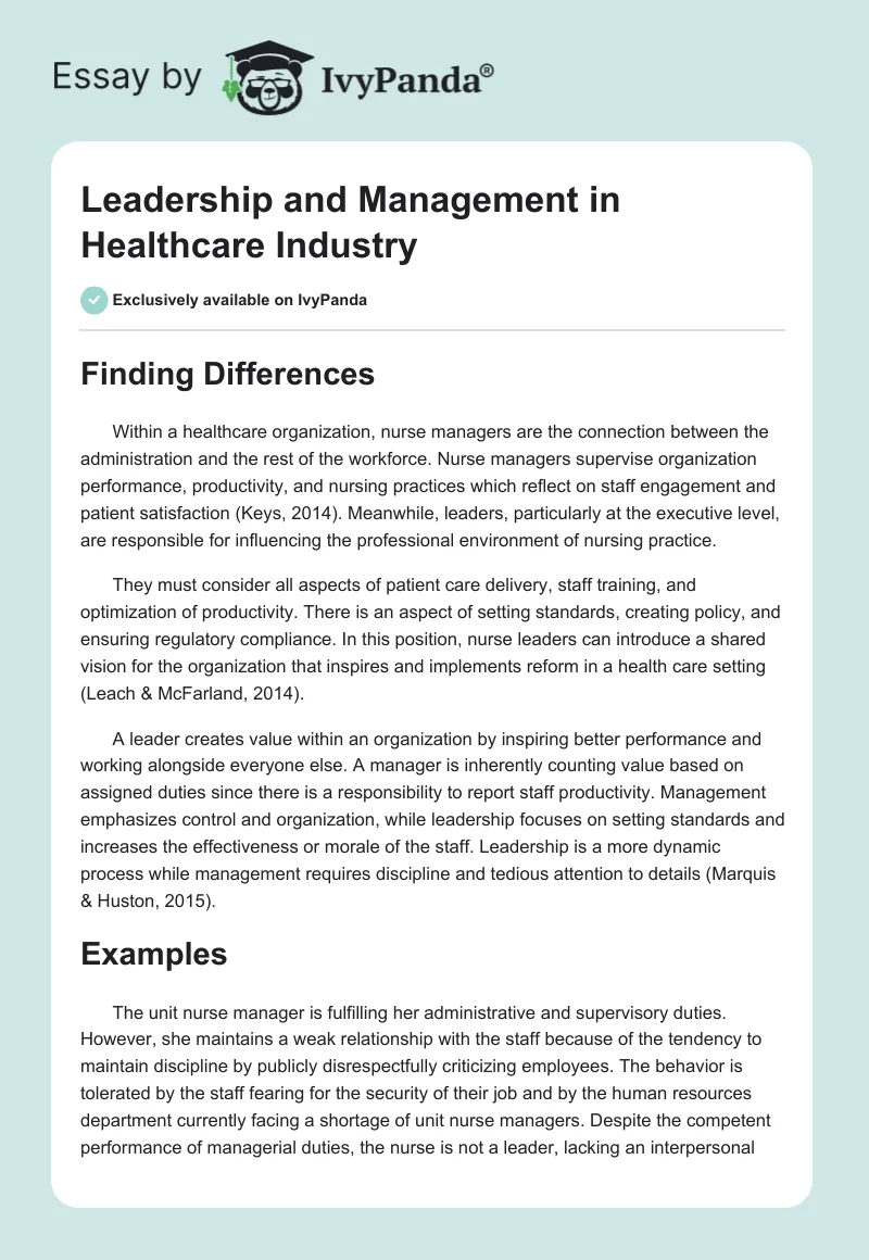 Leadership and Management in Healthcare Industry. Page 1
