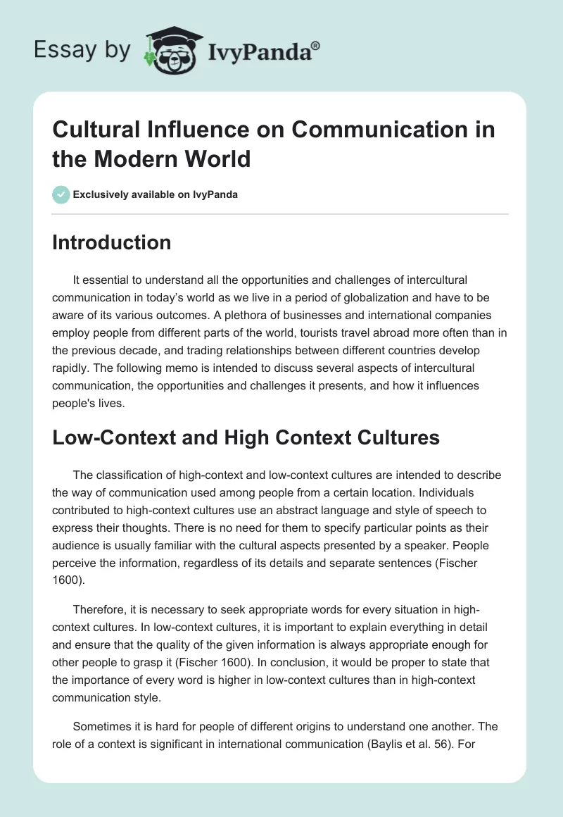 Cultural Influence on Communication in the Modern World. Page 1