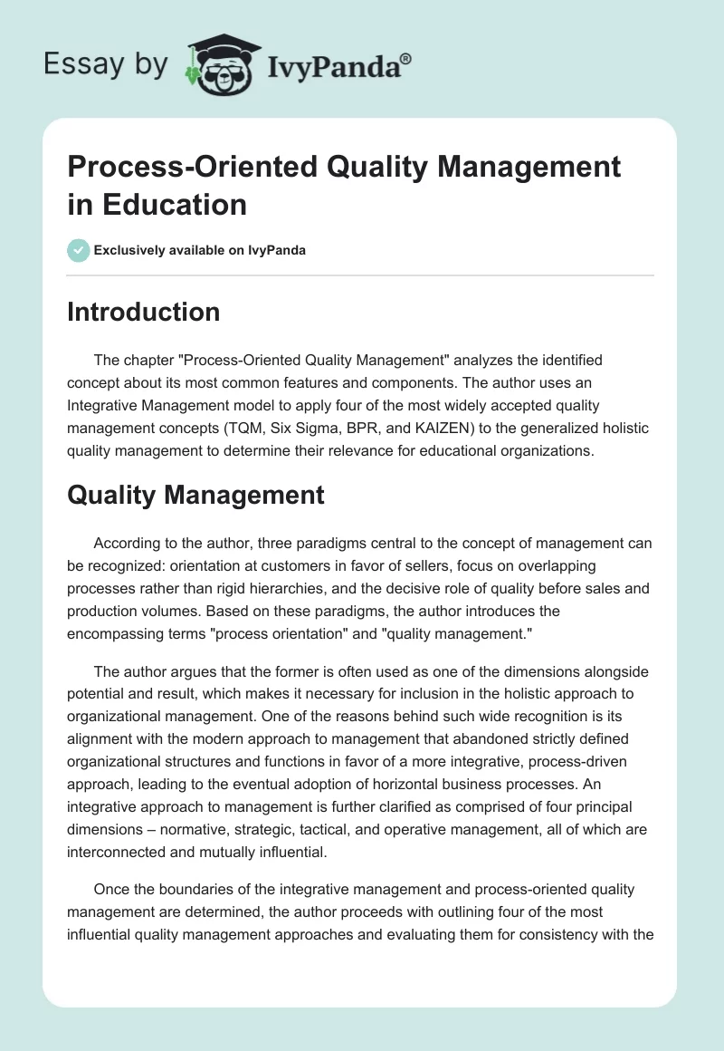 Process-Oriented Quality Management in Education. Page 1