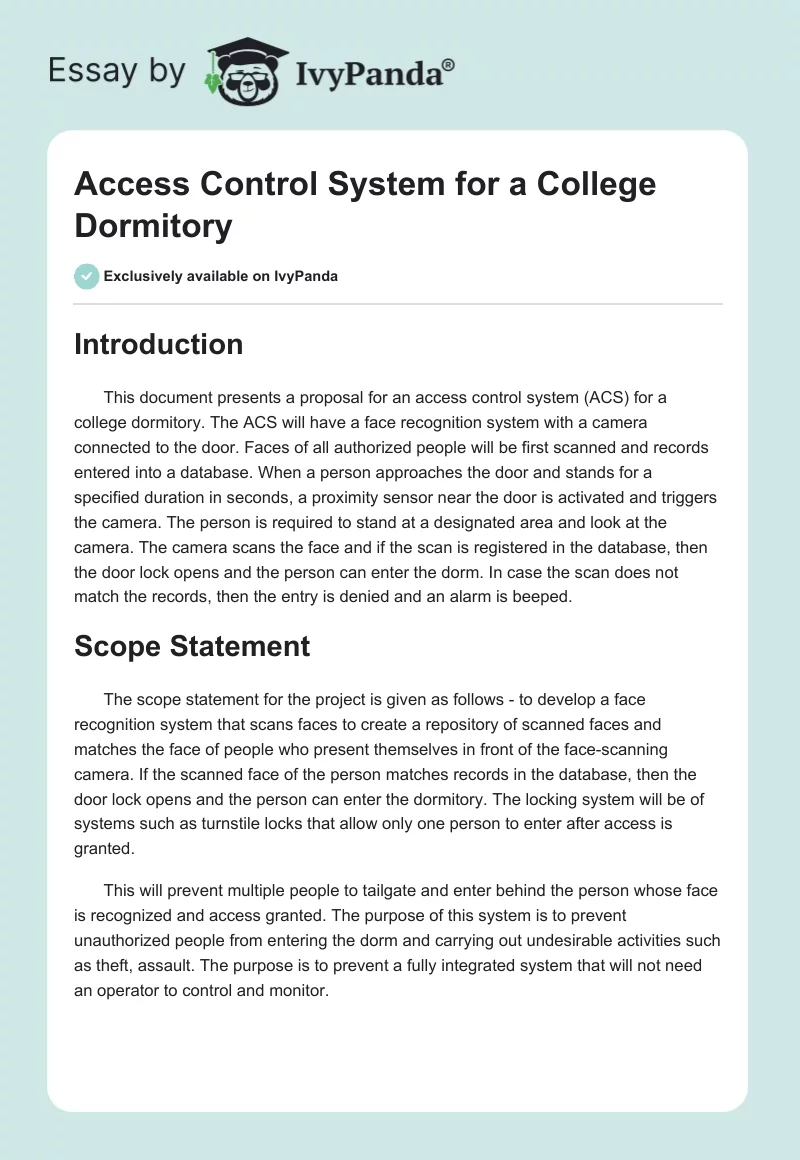 Access Control System for a College Dormitory. Page 1