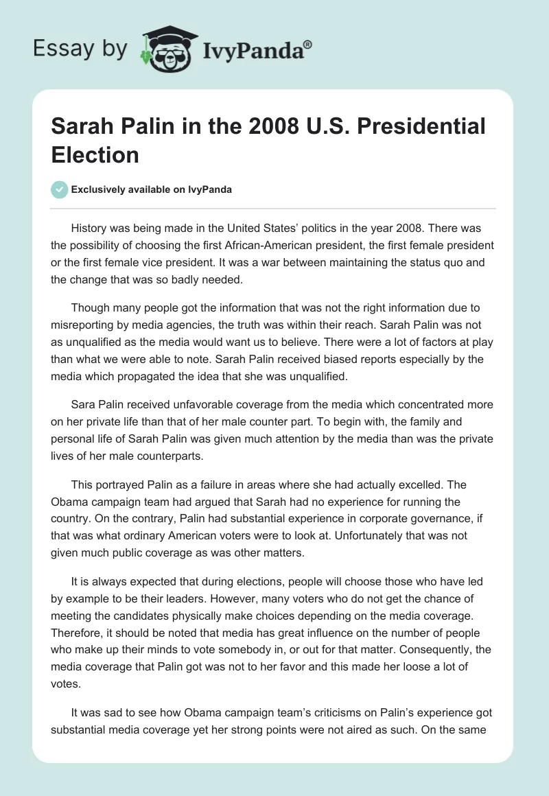 Sarah Palin in the 2008 U.S. Presidential Election. Page 1