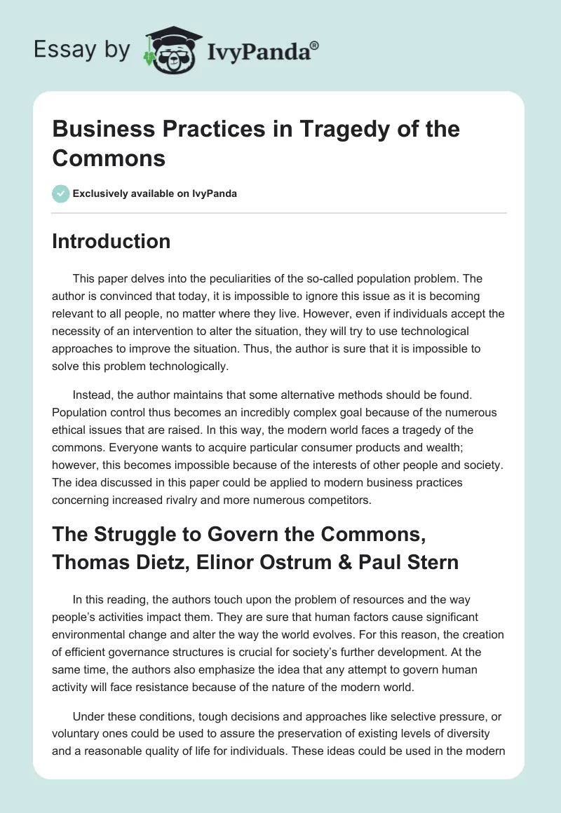 Business Practices in "Tragedy of the Commons". Page 1