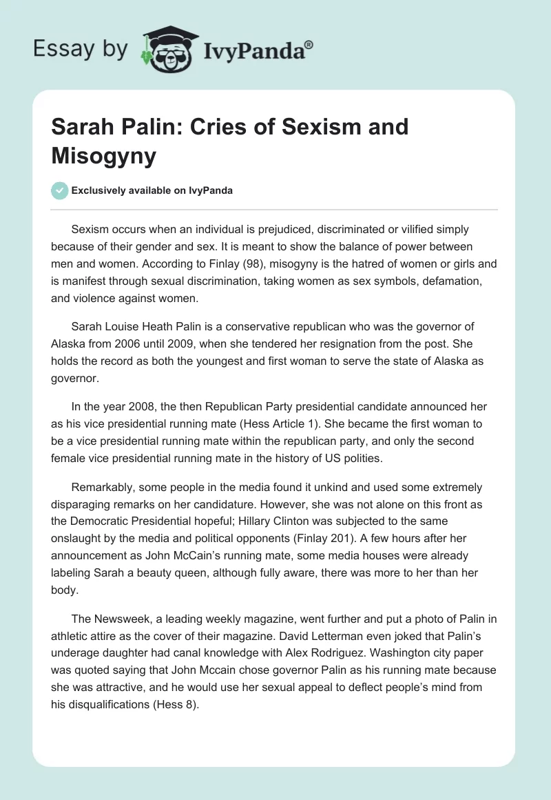 Sarah Palin: Cries of Sexism and Misogyny. Page 1