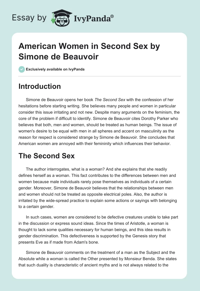 American Women in "Second Sex" by Simone de Beauvoir. Page 1