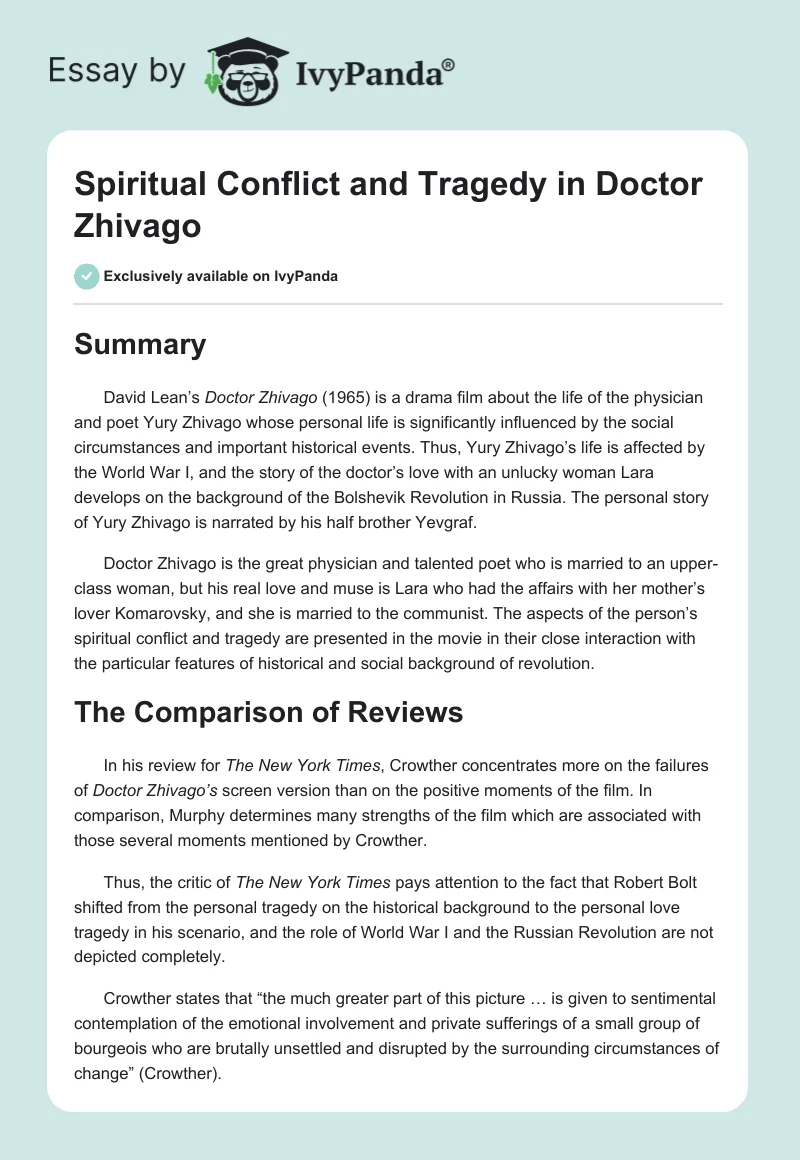 Spiritual Conflict and Tragedy in "Doctor Zhivago". Page 1