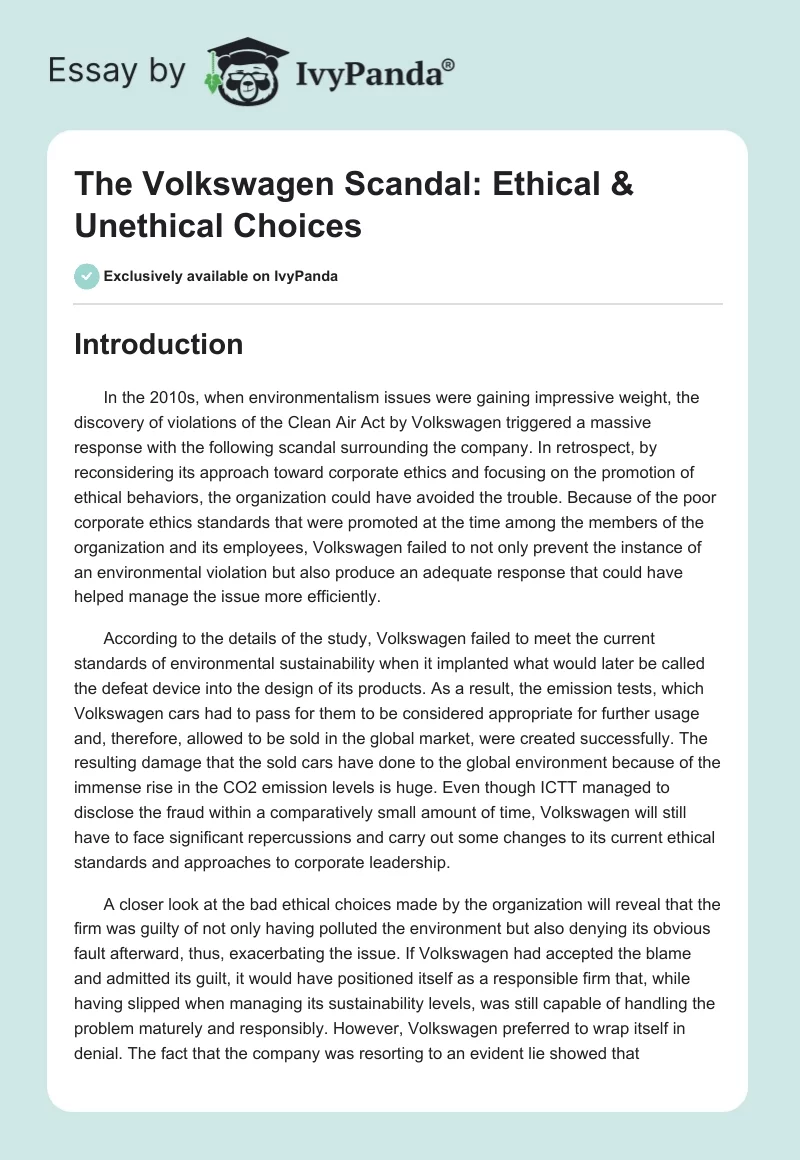 The Volkswagen Scandal: Ethical & Unethical Choices. Page 1
