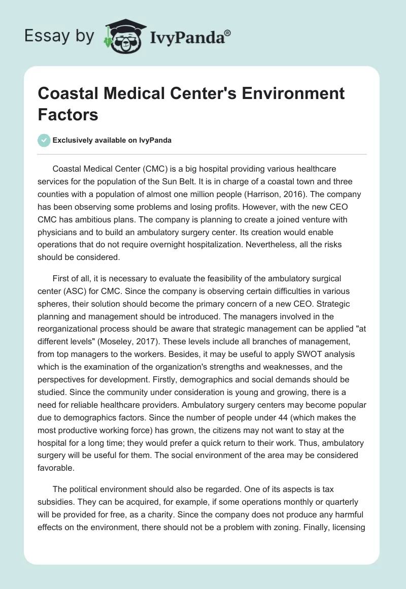 Coastal Medical Center's Environment Factors. Page 1