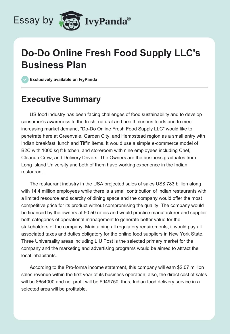 Do-Do Online Fresh Food Supply LLC's Business Plan. Page 1