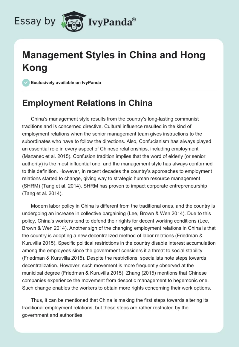 Management Styles in China and Hong Kong. Page 1