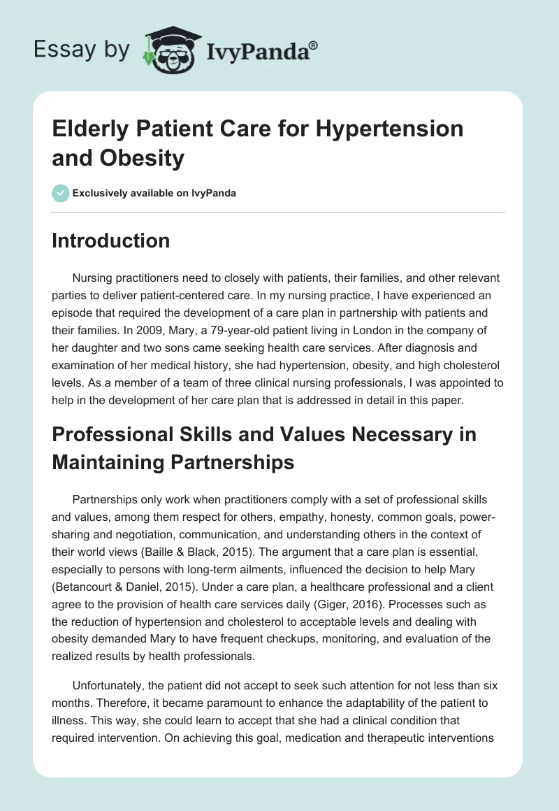 Elderly Patient Care for Hypertension and Obesity. Page 1