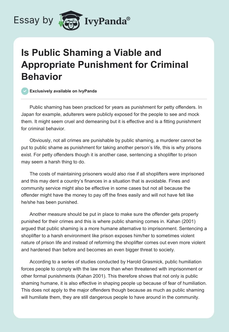 Is Public Shaming a Viable and Appropriate Punishment for Criminal Behavior. Page 1