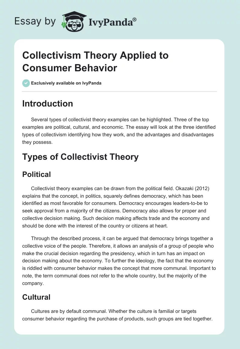 Collectivism Theory Applied to Consumer Behavior. Page 1
